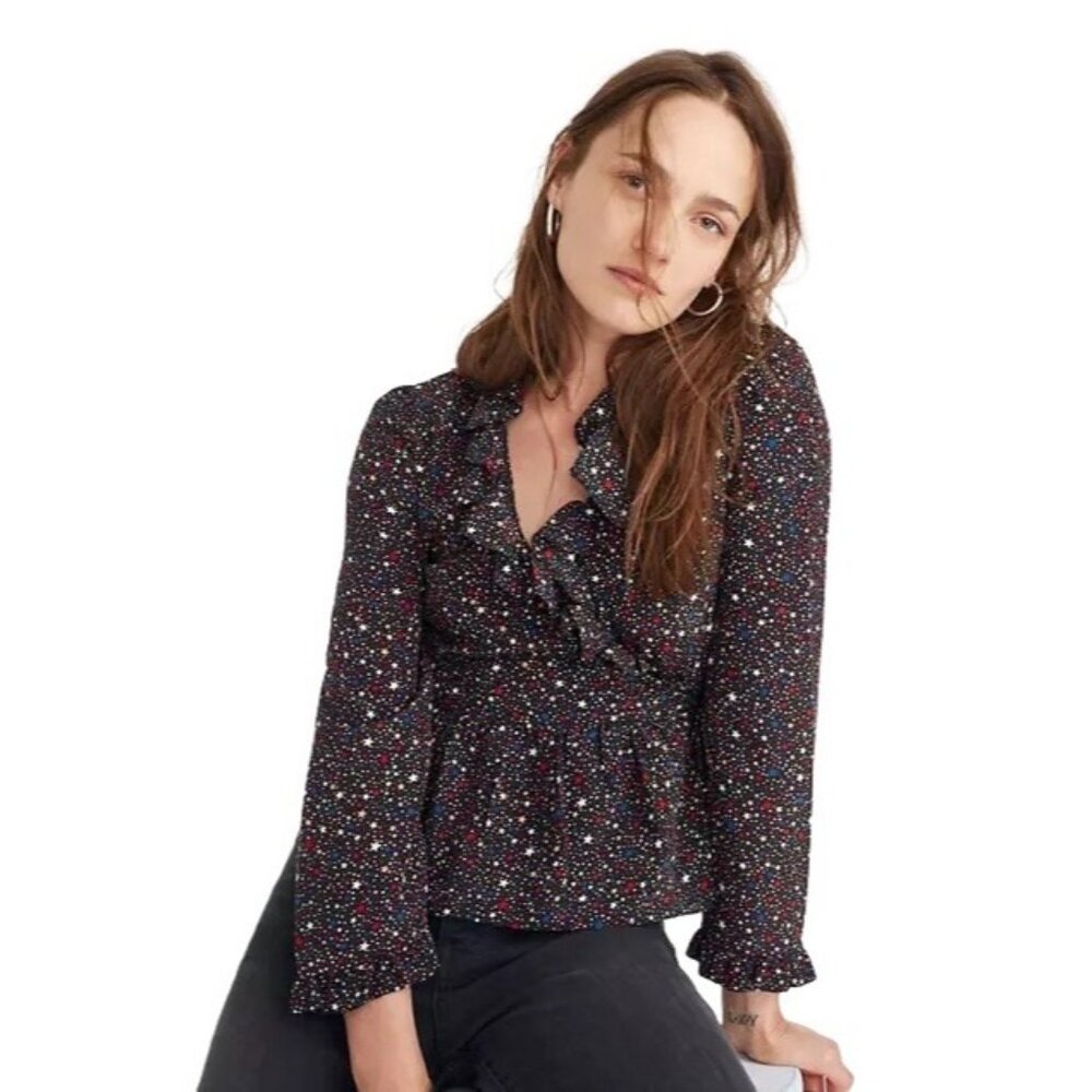 Madewell Silk Ruffle-Hem Wrap Top Size XXS Starry Night Black Red White Blue